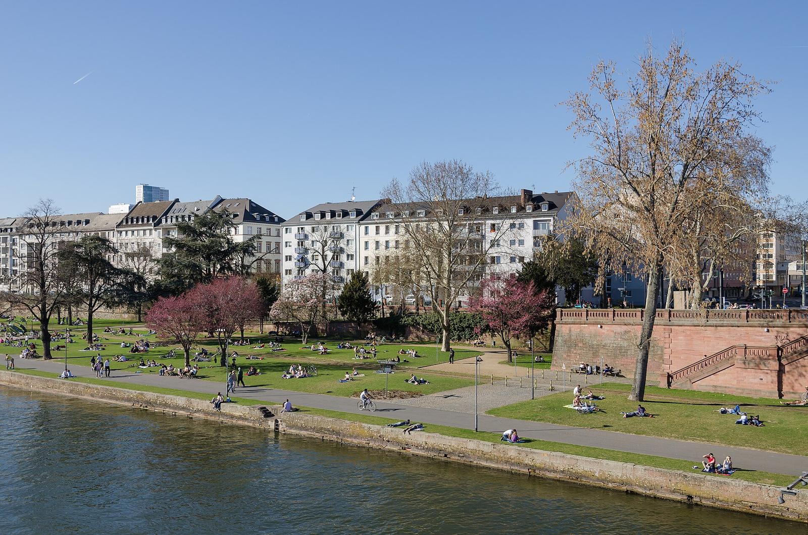 First warm Sunday of the year At the river Main in Frankfurt Germany March 25th 2012